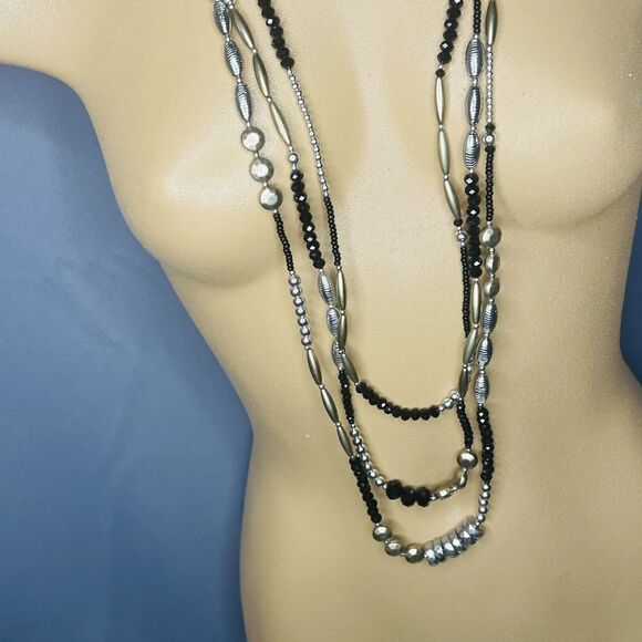 Chico's Statement Necklace Long Layered 3 Strand Beaded Black Silver Gold 1120 - Picture 4 of 11